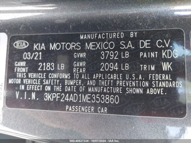 3KPF24AD1ME353860 KIA FORTE FE