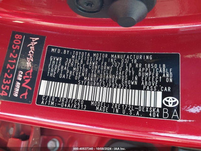 Toyota COROLLA SE 2018 5YFBURHE5JP829221 Image 9