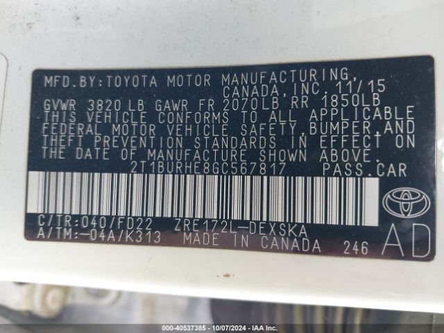 2T1BURHE8GC567817 Toyota Corolla S Plus