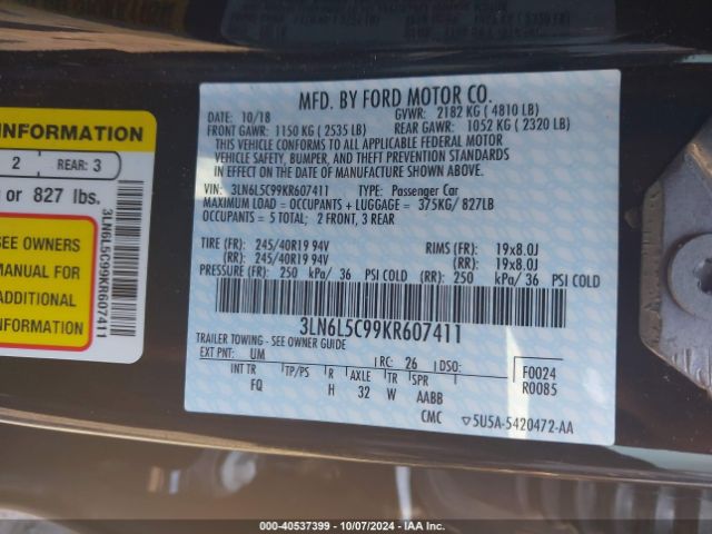 3LN6L5C99KR607411 Lincoln Mkz Reserve I