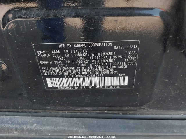 Subaru Outback 2.5i Premium 2019 4S4BSAHCXK3260474 Image 9