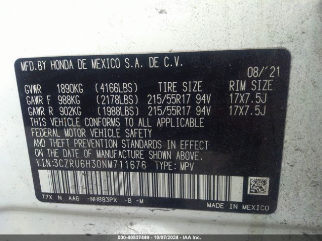 3CZRU6H30NM711676 Honda Hr-v Awd Lx