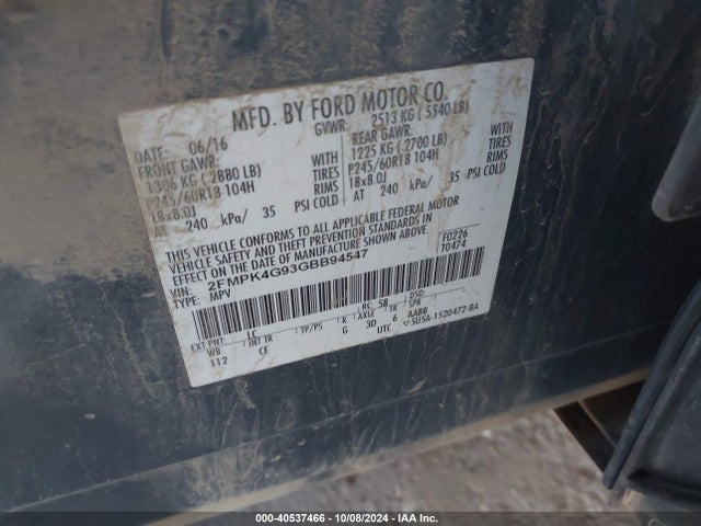 Ford EDGE SE 2016 2FMPK4G93GBB94547 Image 9