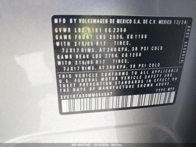 3VV1B7AX0MM054597 Volkswagen Tiguan 2.0t S
