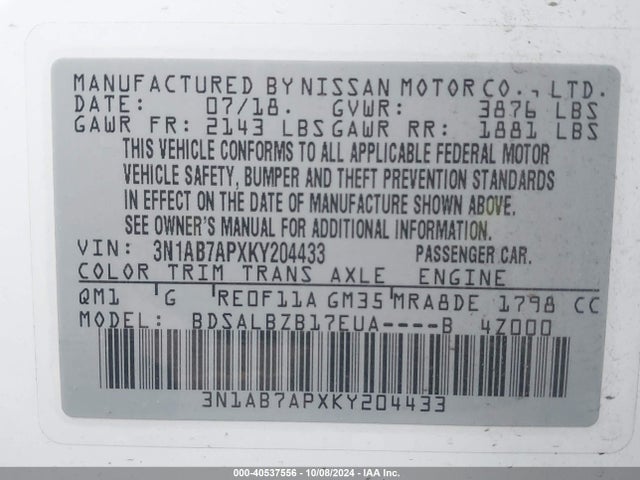 Nissan SENTRA S 2019 3N1AB7APXKY204433 Image 9