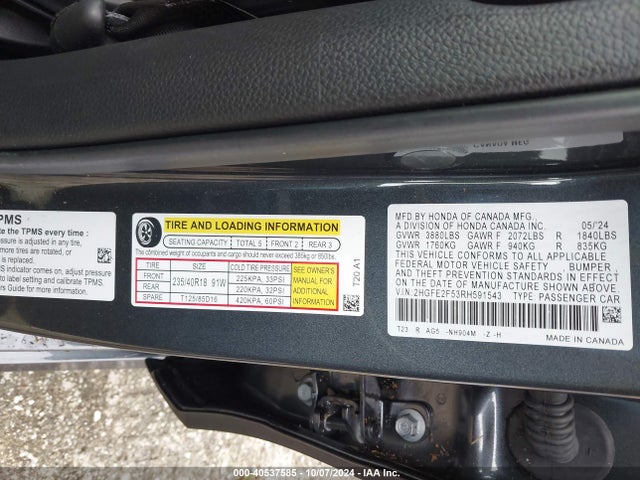 Honda Civic Sport 2024 2HGFE2F53RH591543 Image 9