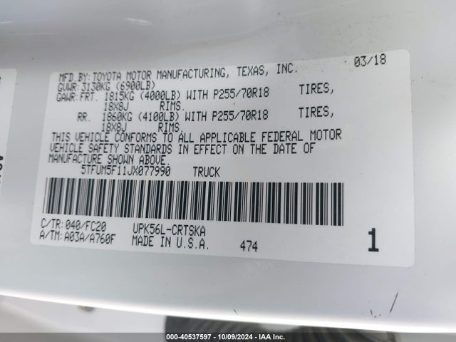 Toyota 1ur-fe 2018 5TFUM5F11JX077990 Image 9