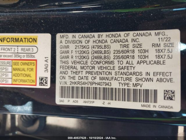 2HKRS4H76PH407943 Honda Cr-v Ex-l Awd