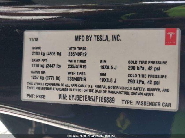 5YJ3E1EA5JF169889 Tesla Model 3 Long Range/mid Range