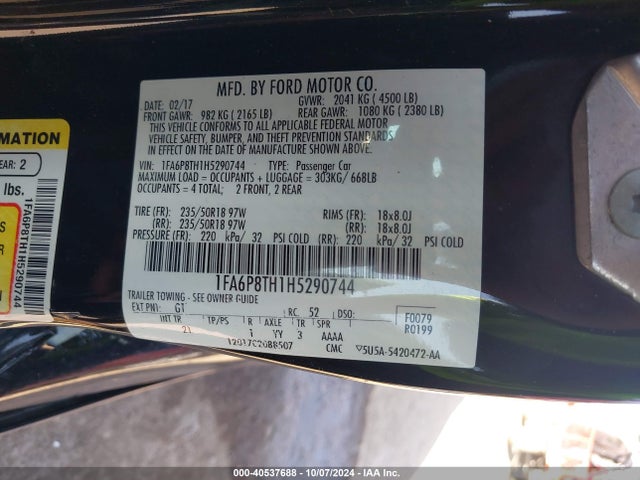 Ford Mustang Ecoboost 2017 1FA6P8TH1H5290744 Image 9
