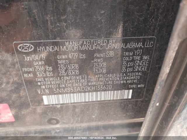 Hyundai Santa Fe Ultimate 2019 5NMS53AD2KH133620 Image 9