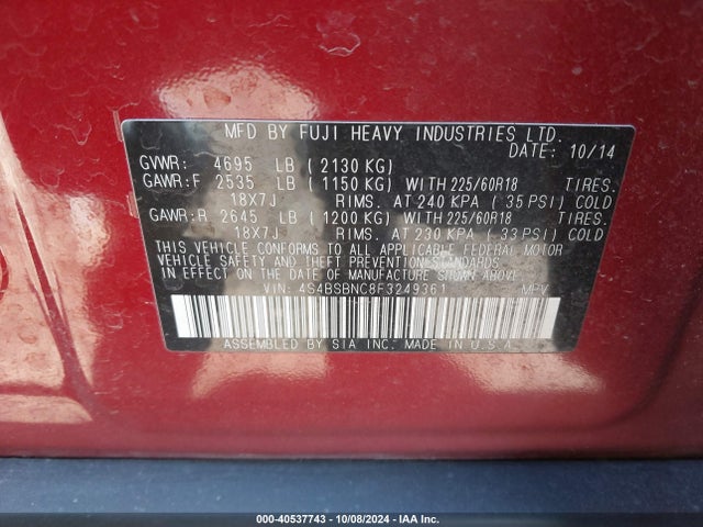 Subaru Outback 2.5i Limited 2015 4S4BSBNC8F3249361 Image 9