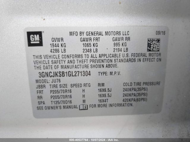 3GNCJKSB1GL271304 Chevrolet Trax 1ls