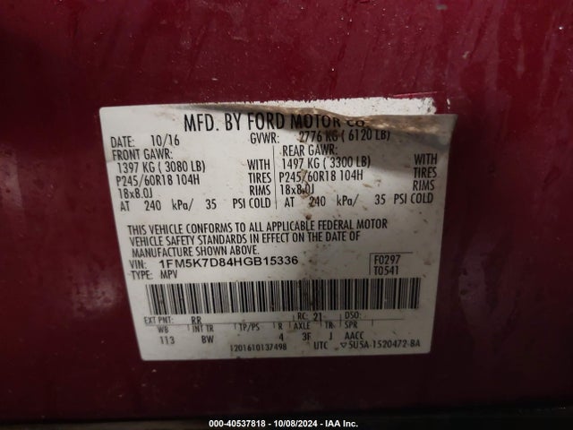 Ford EXPLORER XLT 2017 1FM5K7D84HGB15336 Image 9