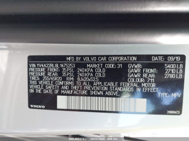 YV4A22RL8L1475253 Volvo Xc60 T6 Inscription