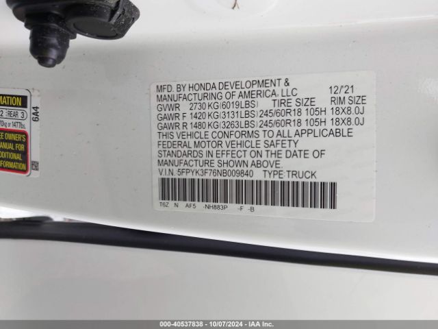 5FPYK3F76NB009840 Honda Ridgeline Rtl-e