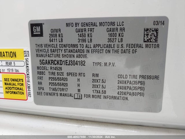 Buick Enclave Premium 2014 5GAKRCKD1EJ304182 Image 9