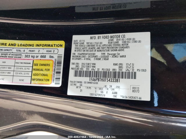 Ford Mustang Ecoboost 2015 1FA6P8THXF5433381 Image 9