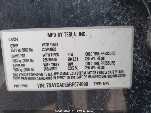 7SAYGAEE5RF074699 Tesla Model Y Long Range Dual Motor All-wheel Drive