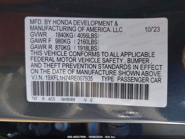 Honda Civic Ex-l 2024 19XFL1H74RE007935 Image 9