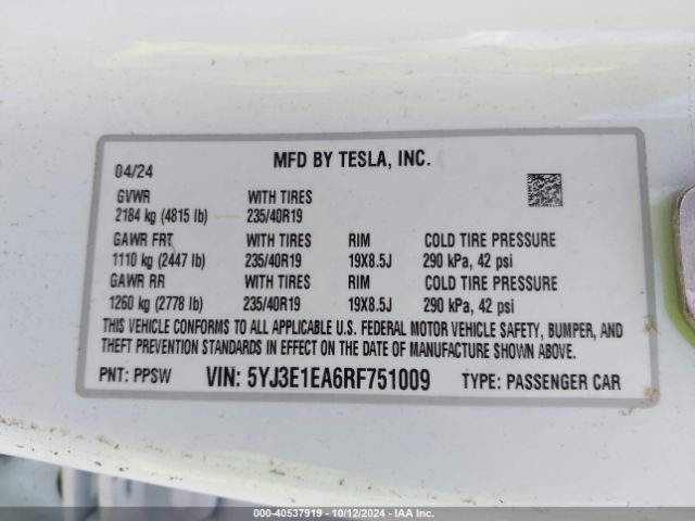 5YJ3E1EA6RF751009 Tesla Model 3 Rear-wheel Drive