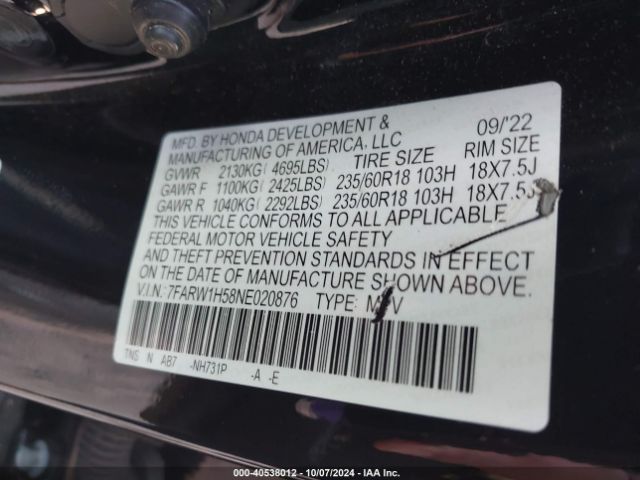 7FARW1H58NE020876 Honda Cr-v 2wd Ex