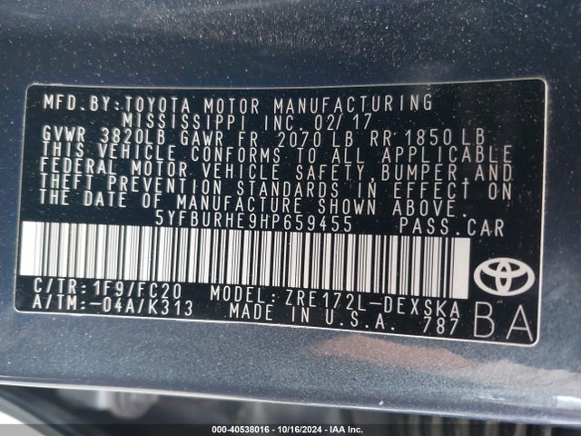 Toyota COROLLA SE 2017 5YFBURHE9HP659455 Image 9