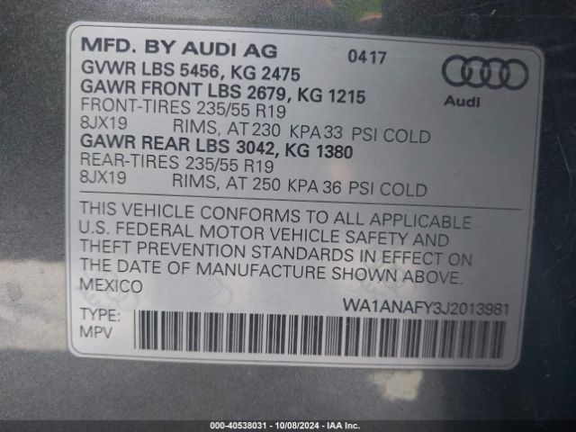 WA1ANAFY3J2013981 Audi Q5 2.0t Premium/2.0t Tech Premium
