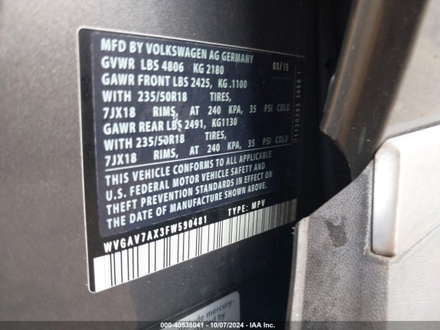 Volkswagen Tiguan Sel 2015 WVGAV7AX3FW590481 Image 9