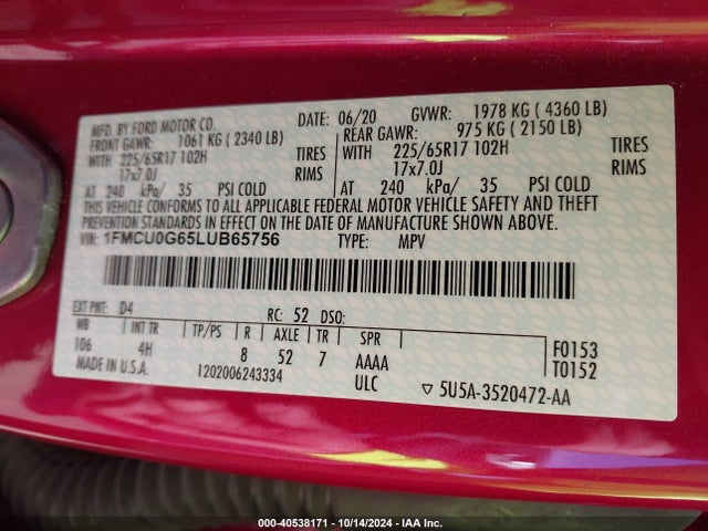 Ford ESCAPE SE 2020 1FMCU0G65LUB65756 Image 9