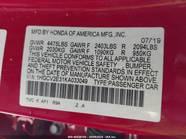 1HGCV2E31KA033049 Honda Accord Sport 2.0t