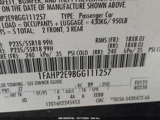 1FAHP2E98GG111257 Ford TAURUS SEL