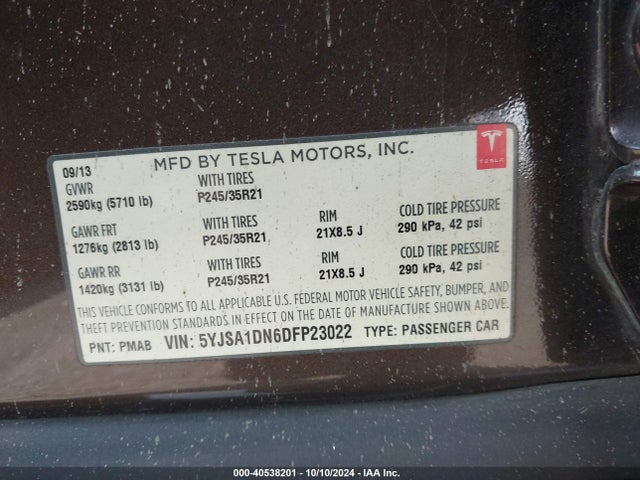 2013 TESLA MODEL S 5YJSA1DN6DFP23022 Photo 8