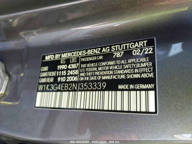 W1K3G4EB2NJ353339 Mercedes-Benz A 220