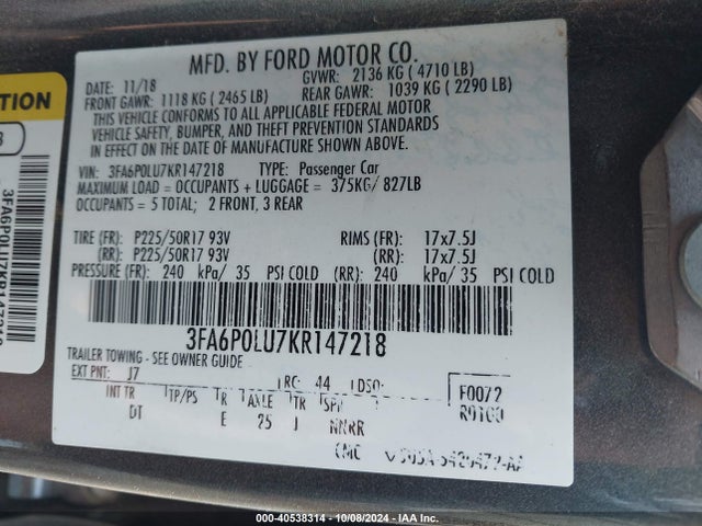 Ford Fusion Hybrid Se 2019 3FA6P0LU7KR147218 Image 9