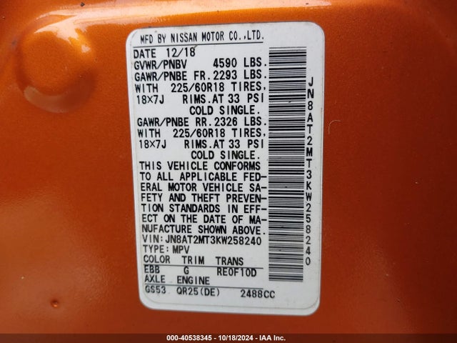 Nissan ROGUE SV 2019 JN8AT2MT3KW258240 Image 9