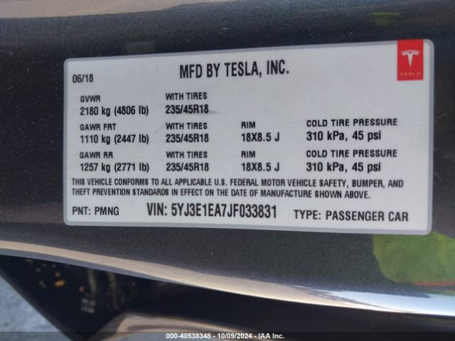 5YJ3E1EA7JF033831 Tesla Model 3 Long Range/mid Range