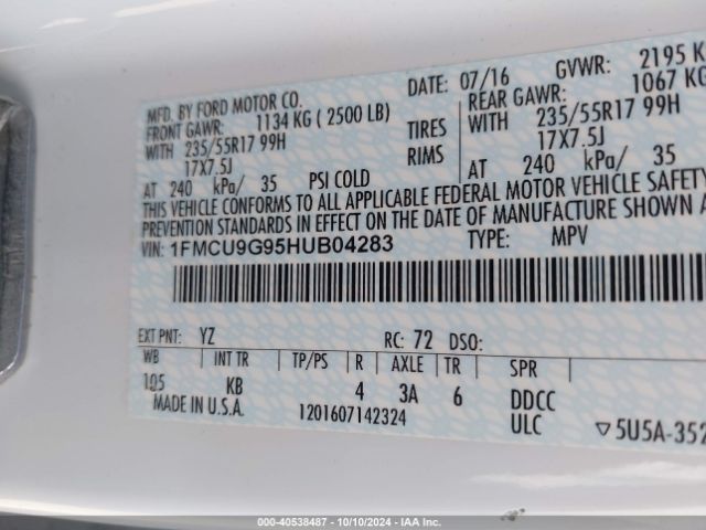 1FMCU9G95HUB04283 Ford ESCAPE SE