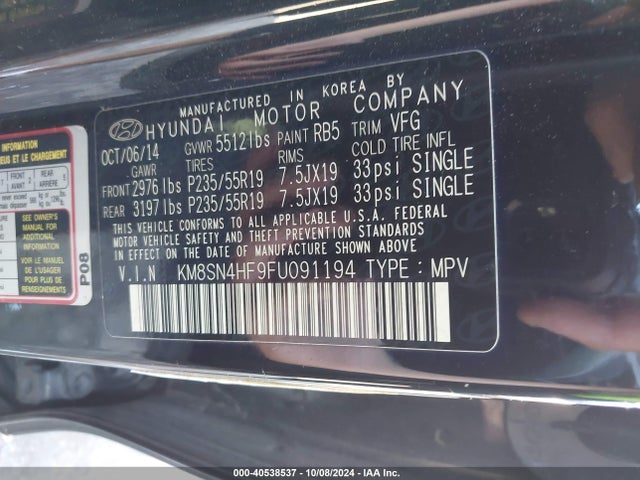 Hyundai Santa Fe Gls 2015 KM8SN4HF9FU091194 Image 9