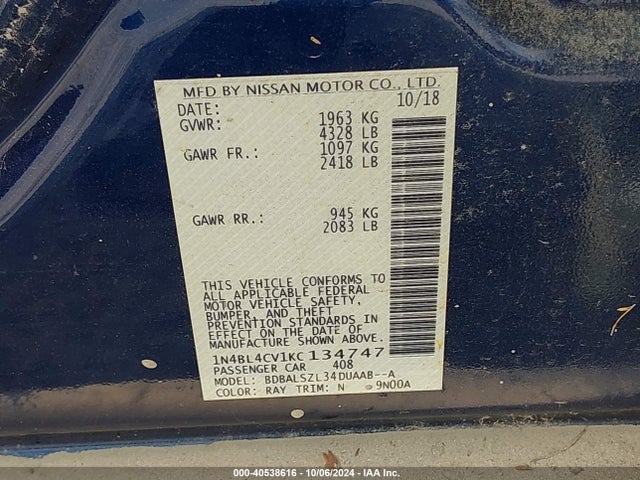 Nissan Altima 2.5 Sr 2019 1N4BL4CV1KC134747 Image 9