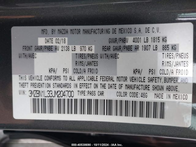3MZBN1L33JM204700 Mazda Mazda3 Touring