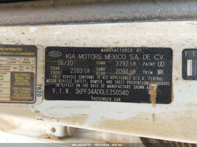 3KPF34AD0LE250540 KIA Forte Gt-line