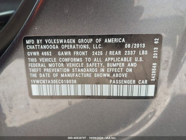 1VWCN7A30EC019036 Volkswagen Passat 2.0l Tdi Sel Premium