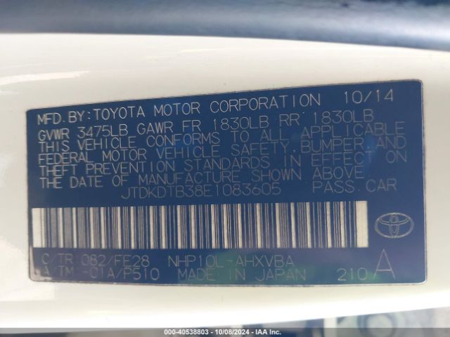 JTDKDTB38E1083605 Toyota Prius C One