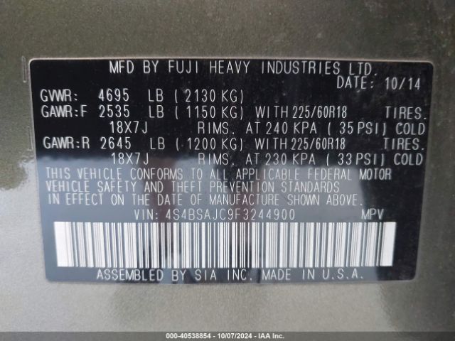 4S4BSAJC9F3244900 Subaru Outback 2.5i Limited
