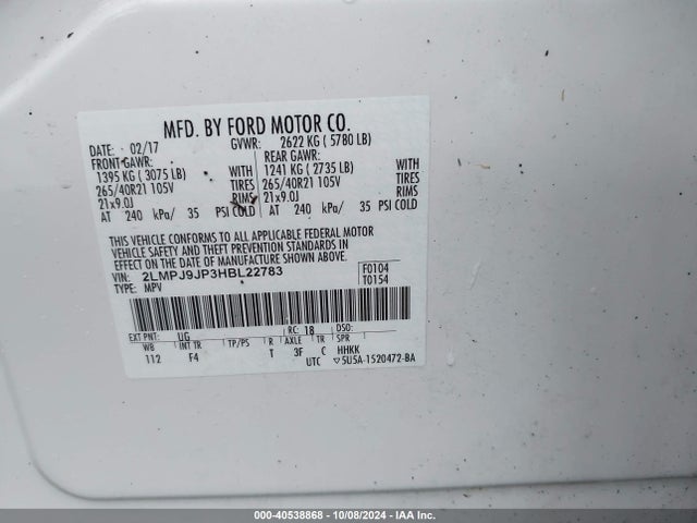 Lincoln Mkx Black Label 2017 2LMPJ9JP3HBL22783 Image 9