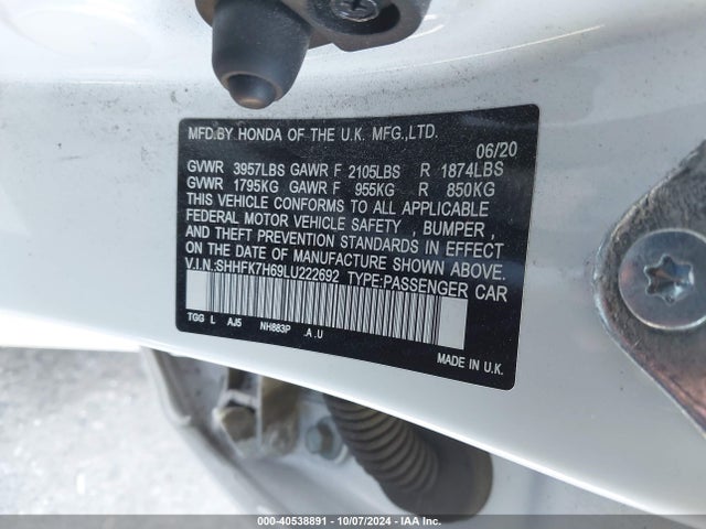 Honda CIVIC EX 2020 SHHFK7H69LU222692 Image 9