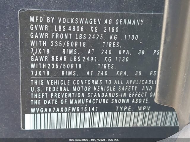 WVGAV7AX0FW515141 Volkswagen TIGUAN SE