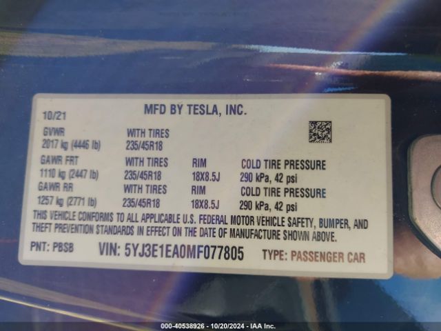 5YJ3E1EA0MF077805 Tesla Model 3 Standard Range Plus Rear-wheel Drive