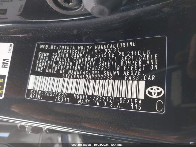 Toyota COROLLA LE 2021 5YFEPMAE0MP227428 Image 9